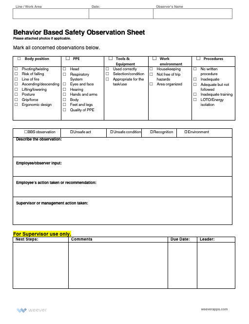 Free Behavior Based Safety BBS Observations MS Word Template Weever