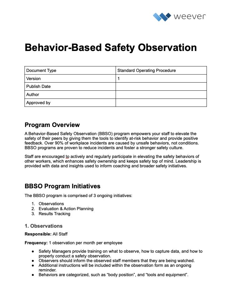 BehaviorBased Safety (BBSO) Standard Operating Procedure (SOP) MS Word