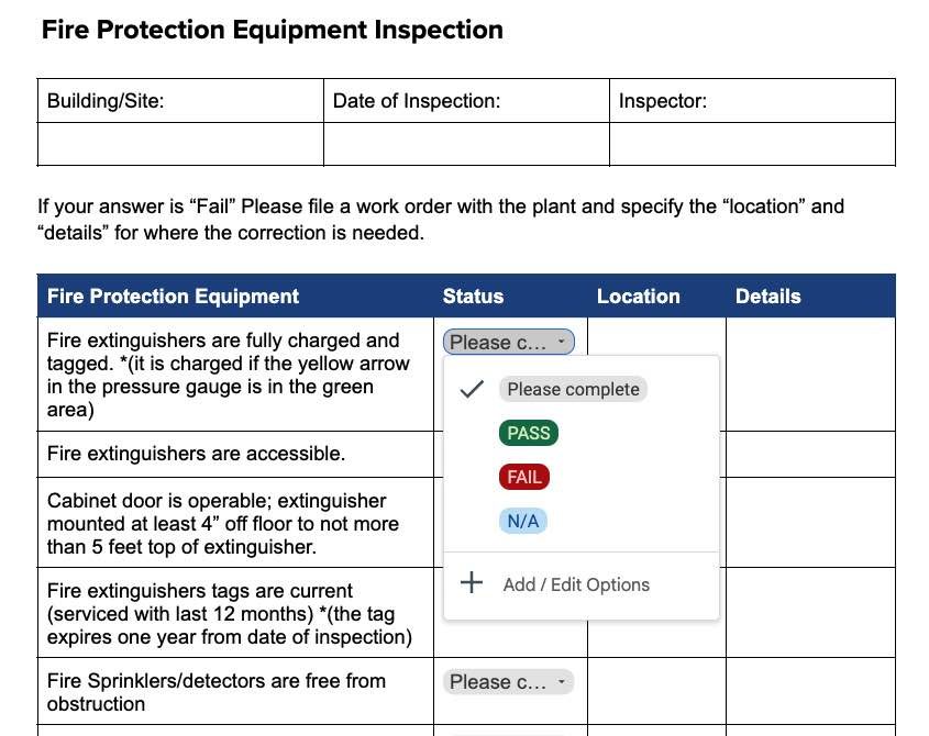  Fire Protection Equipment Inspection Template