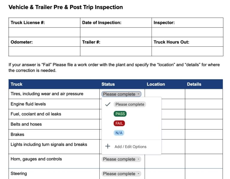 Vehicle & Trailer Pre & Post Trip Inspection Template | Weever